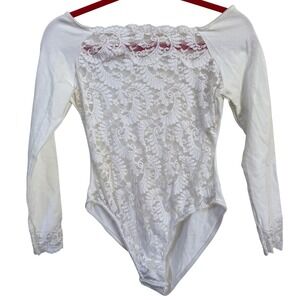 Victoria's Secret 90s Vintage White Lace Back Long Sleeve Bodysuit L USA‎ Made